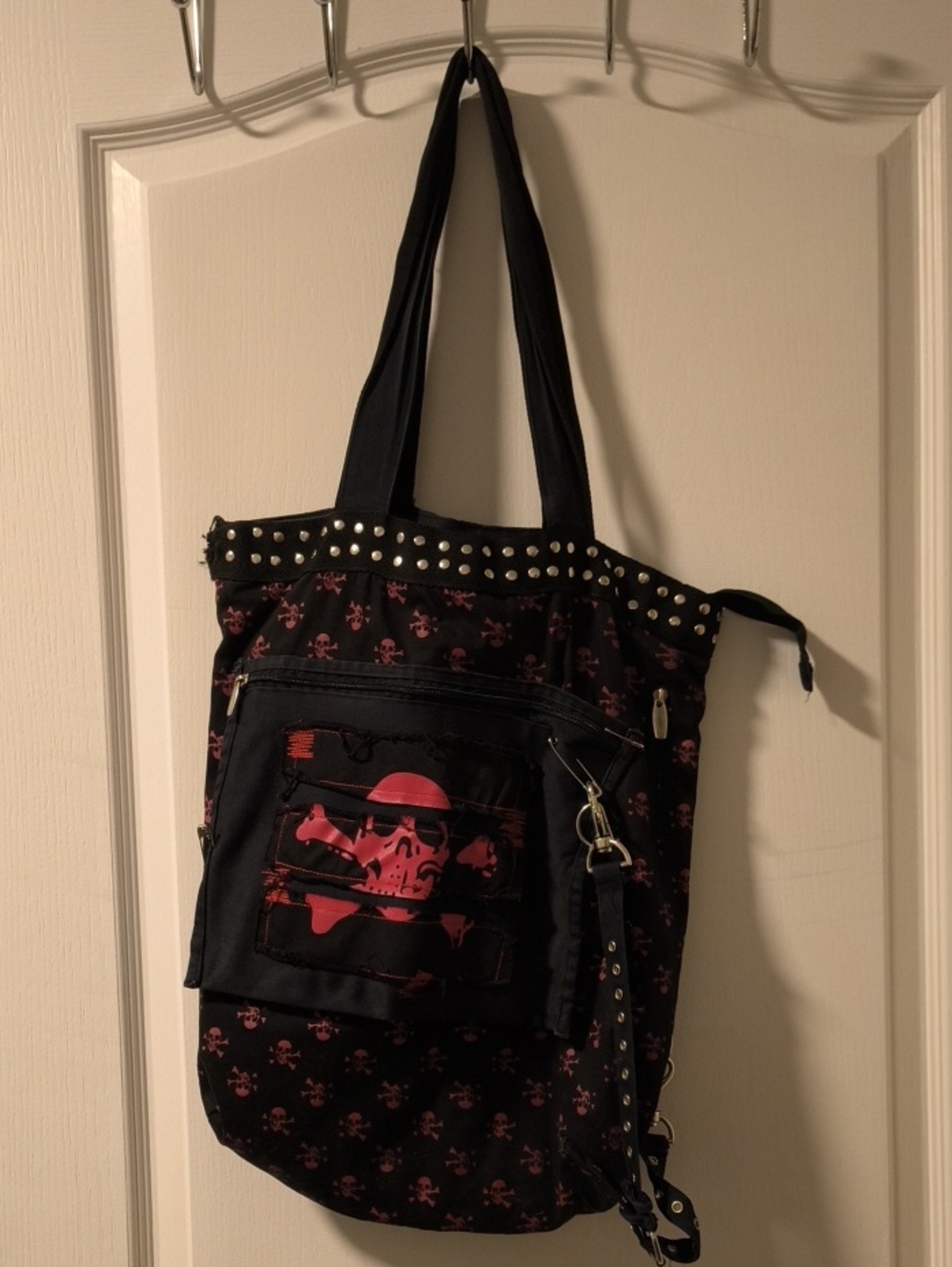 Studded Black Tote Bag with Pink Skull Print